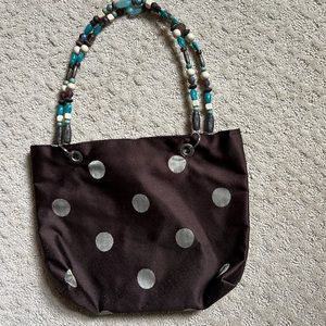 Cute polka dot brown silk like purse with beaded 8 inch drop handle